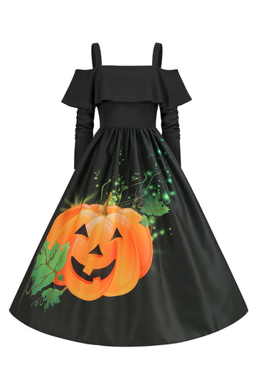 Halloween Abóbora Impresso Preto Ombro Frio VIntage Dress